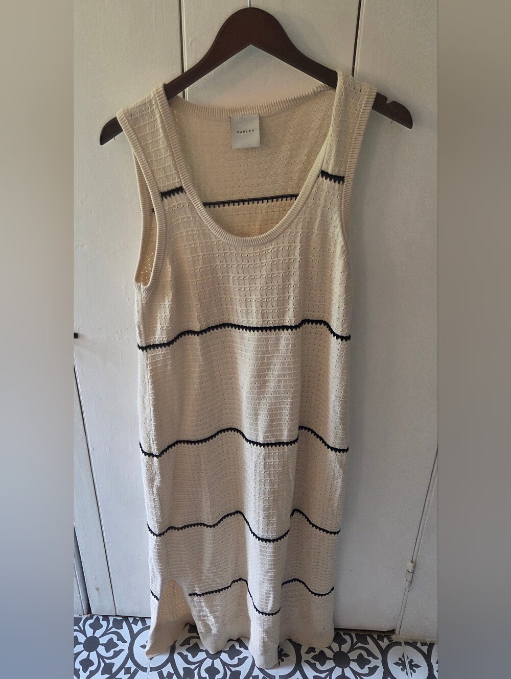 Varley Cream Knit Tank Dress with Black Stripe Accents